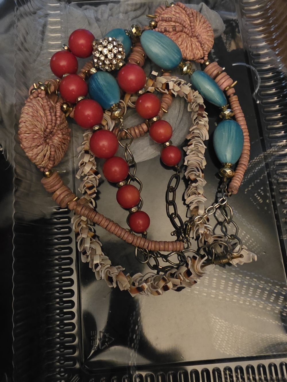 4 Boho Statement Necklaces Multi-Strand Beaded Necklace in Red, Turquoise & Pink